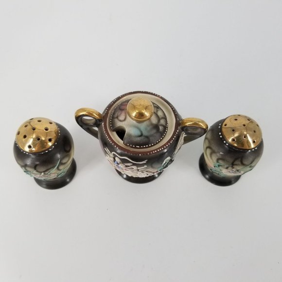 Japanese Moriage Dragon Ware Salt Pepper Sugar Bowl With Lid Mauein Grey Blue - Picture 6 of 7